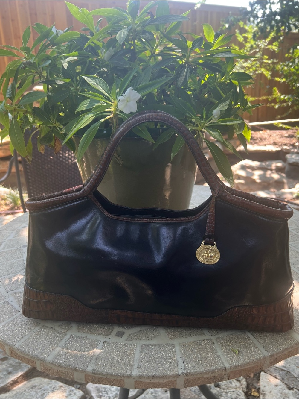 VINTAGE Brahmin Tuscan  Satchel, Ship Medallion Black & Brown Croc Trim PRISTINE